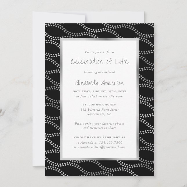Black Silver Waves Photo Celebration of Life Invitation (Front)