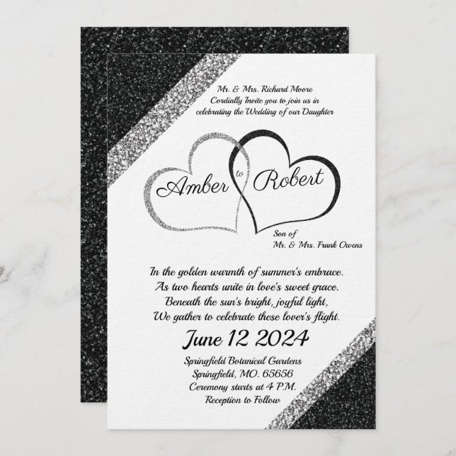 Black & Silver Wedding Invitation w/Heart poem  (Front/Back)