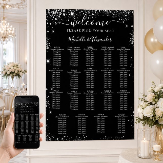 Black silver wedding seating chart 19 tables (Creator Uploaded)
