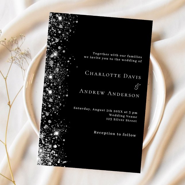 Black silver white glitter wedding invitation (Creator Uploaded)