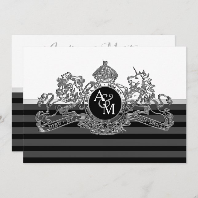 Black Silver  White Lion Unicorn Emblem Wedding Invitation (Front/Back)