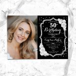 Black Silver White Photo 50th Birthday Invitation<br><div class="desc">Elegant 50th birthday invitation with your photo. Glam black white design with faux glitter silver. Features white roses,  script font and confetti. Perfect for a stylish adult bday celebration party. Personalise with your own details. Can be customised for any age! Printed Zazzle invitations or instant download digital printable template.</div>