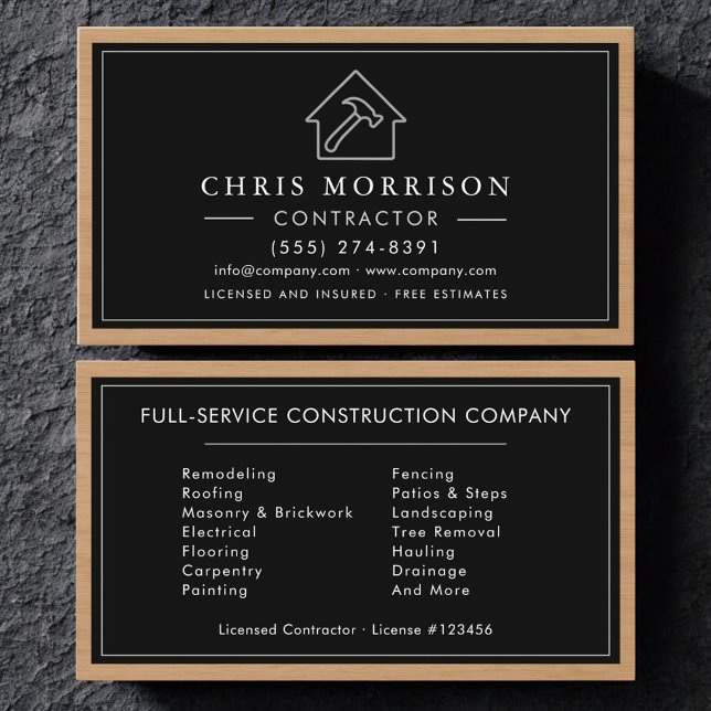 Black Silver Wood Construction Contractor Business Card (Creator Uploaded)