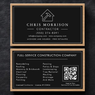 Black Silver Wood Construction Contractor QR Code Business Card