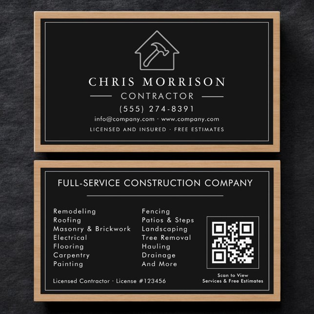 Black Silver Wood Construction Contractor QR Code Business Card (Creator Uploaded)