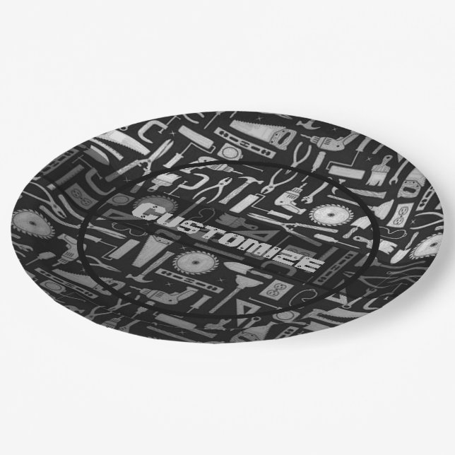 Black & Silver Workshop Tools Paper Plate (Angled)