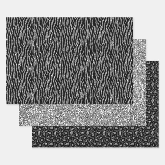 Black Silver Zebra Animal Print Glitter      Wrapping Paper Sheet (Set)