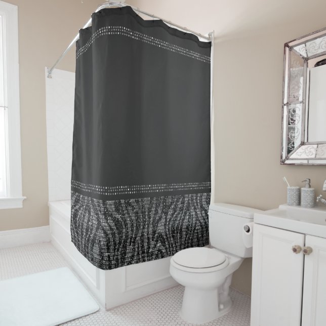 Black & Silver Zebra Wild Animal Print Exotic Glam Shower Curtain (In Situ)