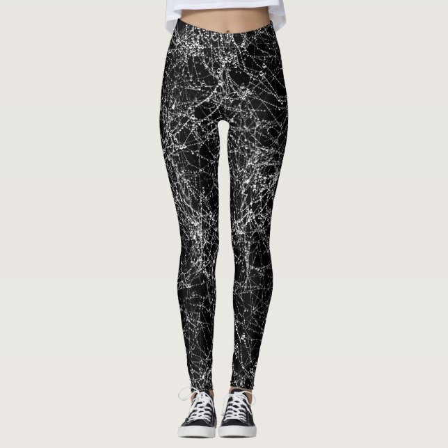 Black & Silvery Spider Webs Chic Halloween Costume Leggings (Front)