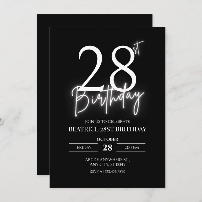 Black simple casual age personalised birthday  invitation (Front/Back)
