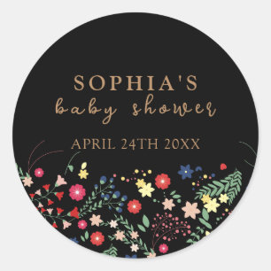 Black Simple Elegant Wildflower Baby Shower Classic Round Sticker
