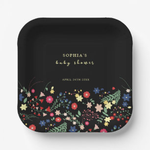 Black Simple Elegant Wildflower Baby Shower Paper Plate