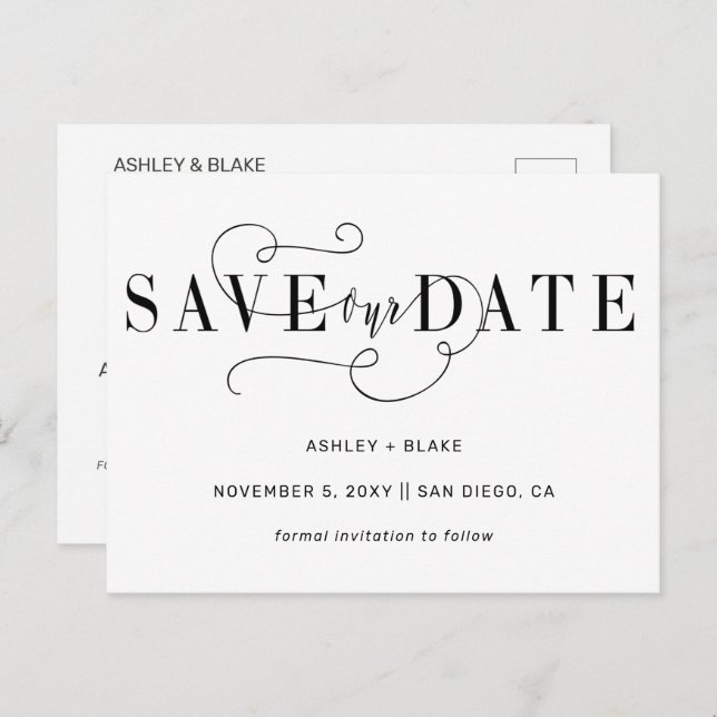 Black Simple Handwritten Calligraphy Save the Date Announcement Postcard (Front/Back)