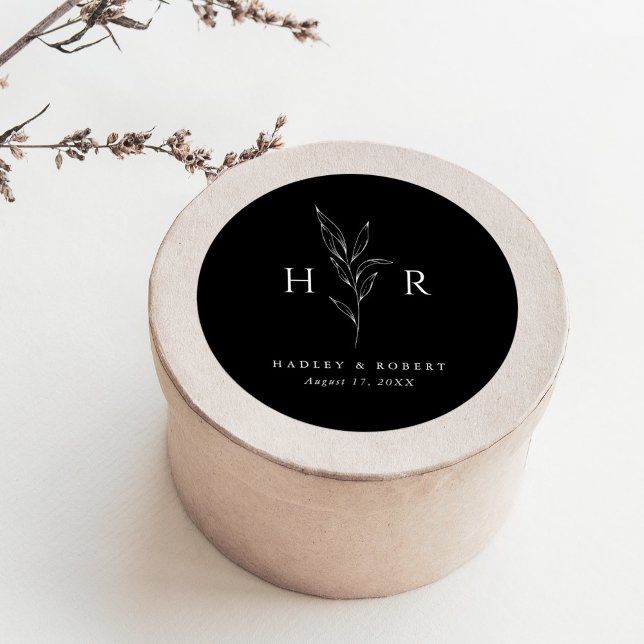 Black Simple Minimal Monogram Botanical Wedding Classic Round Sticker (Creator Uploaded)
