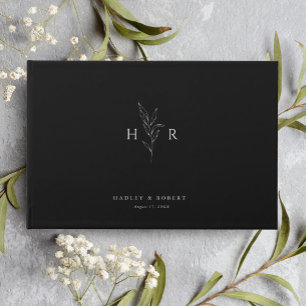Black Simple Minimal Monogram Botanical Wedding Guest Book