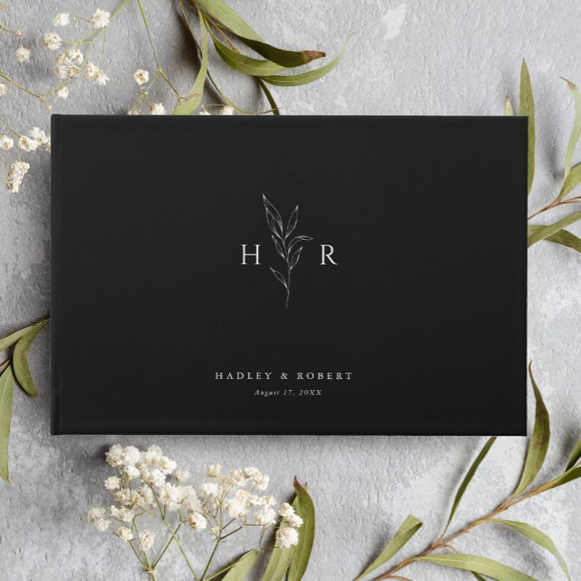 Black Simple Minimal Monogram Botanical Wedding Guest Book (Creator Uploaded)