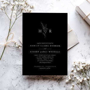 Black Simple Minimal Monogram Botanical Wedding Invitation