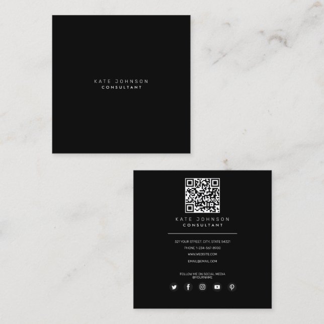 Black Simple Minimalist Consultant QR Code  Square Business Card (Front/Back)