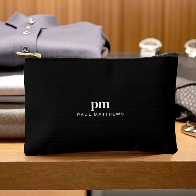 Black Simple Minimalist Monogram and Name Accessory Pouch (Creator Uploaded)