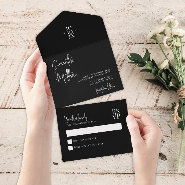 Black Simple Modern Minimalist Wedding All In One Invitation (Creator Uploaded)