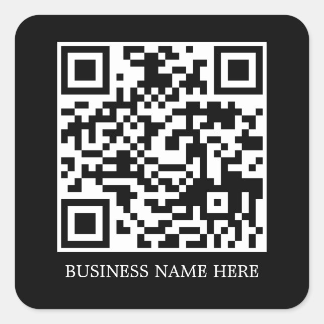 Black Simple, Modern QR Code Business Name Square Sticker (Front)