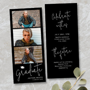 Black Simple Modern Script 3 Photo Graduation Invitation