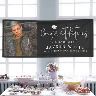 Black Simple Modern Script Photo Graduation Party Banner