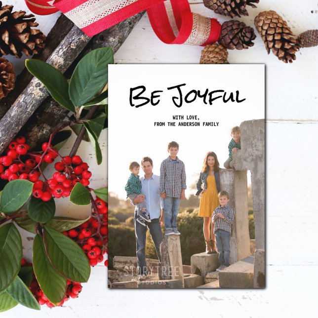 Black Simple Script Be Joyful Photo Flat Card (Black Simple Script Be Joyful Holiday Photo Card)