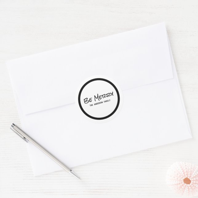 Black Simple Script Be Merry Holiday Stickers (Envelope)