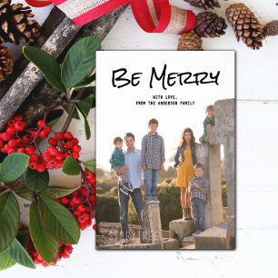 Black Simple Script Be Merry Photo Flat Card