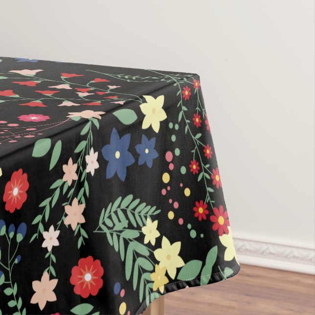 Black Simple Vintage Wildflower  Pattern  Tablecloth (In Situ)