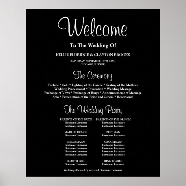Black Simple Wedding Ceremony Program Sign (Front)