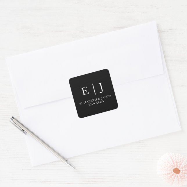 Black Simple Wedding Monogram Couple Initials  Square Sticker (Envelope)