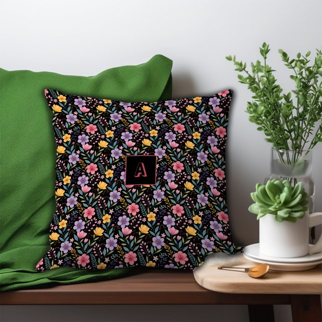Black simple wildflower pattern monogram cushion (Creator Uploaded)