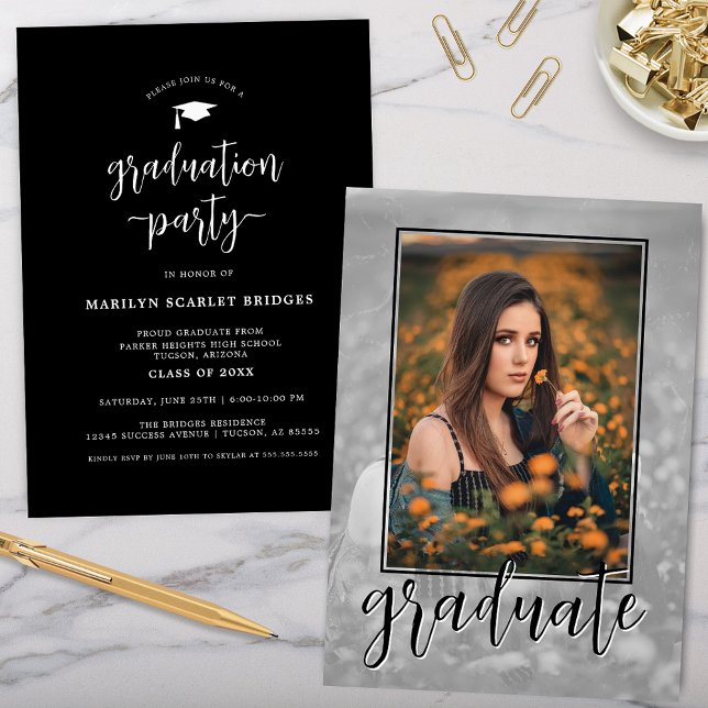Black Single Photo Script Graduation Invitation (Black modern simple graduation party invitation with single photo used twice for unique grad party)