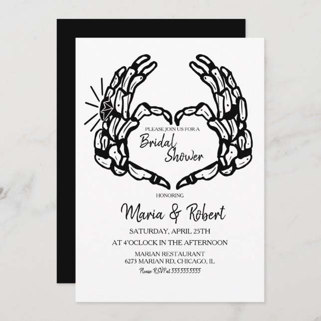 Black Skeleton Hand Heart Bridal Shower Invitation (Front/Back)