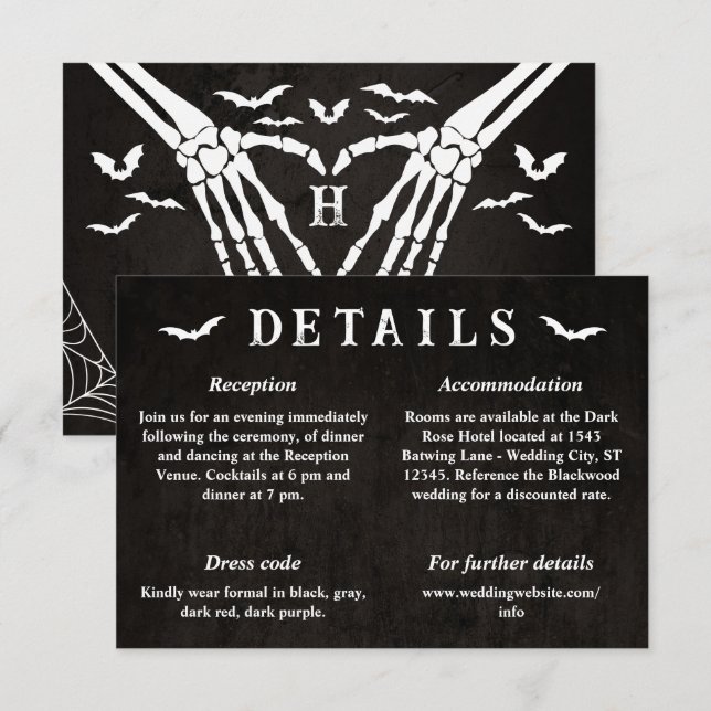 Black Skeleton Heart Goth Wedding Details Enclosure Card (Front/Back)