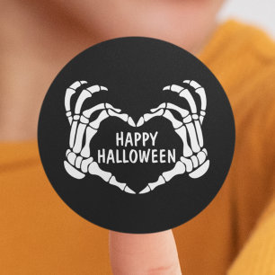 Black Skeleton Heart Hands Happy Halloween Classic Round Sticker