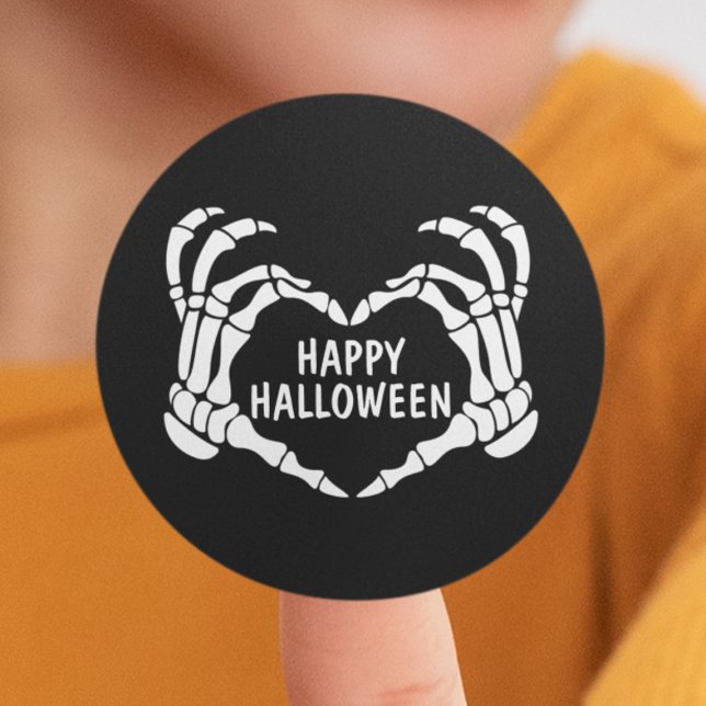 Black Skeleton Heart Hands Happy Halloween Classic Round Sticker (Black Skeleton Heart Hands Happy Halloween Classic Round Sticker
)
