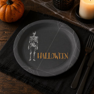 Black Skeleton Spiderweb Halloween Party Paper Plate