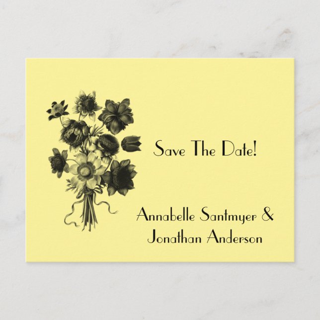 Black Sketched Flowers on Pale Yellow Save The Dat Announcement Postcard (Front)