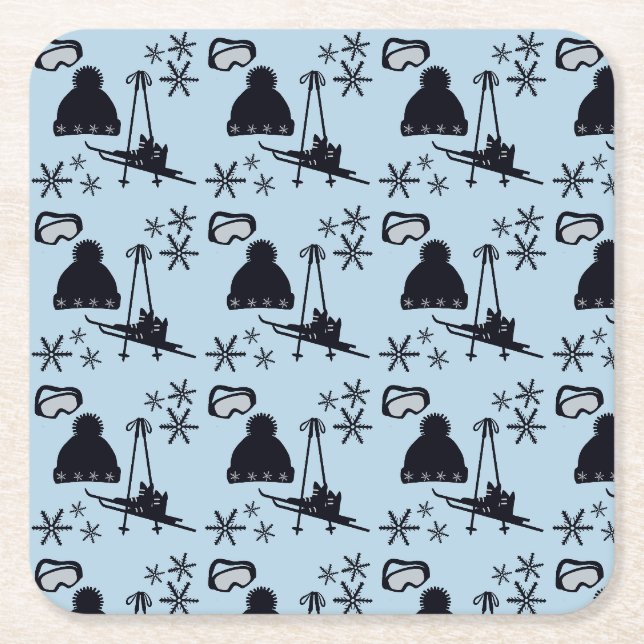 Black ski equipment & snowflakes on blue square paper coaster (Front)