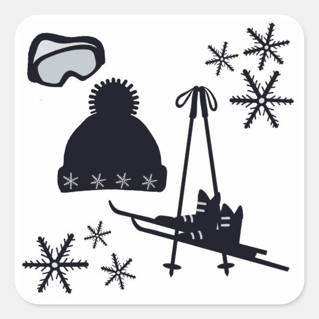 Black ski & winter designs on square stickers. sticker (Front)
