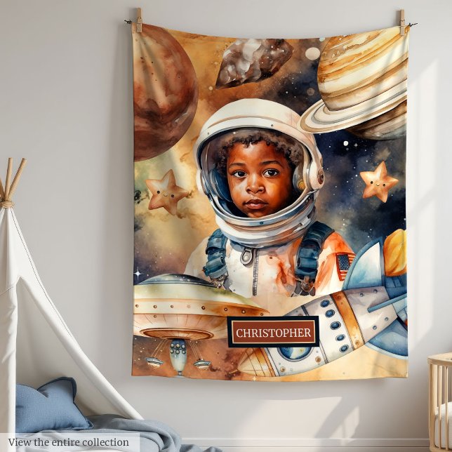 Black Skin Boy Astronaut Space Watercolor Style Fleece Blanket (Black Skin Boy Astronaut Space Watercolor Style Fleece Blanket)