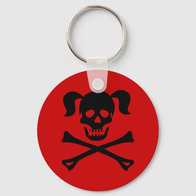 Black Skull and Crossbones With Pigtails Key Ring (Front)
