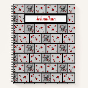 Black Skull and Red Roses Patterned Notebook