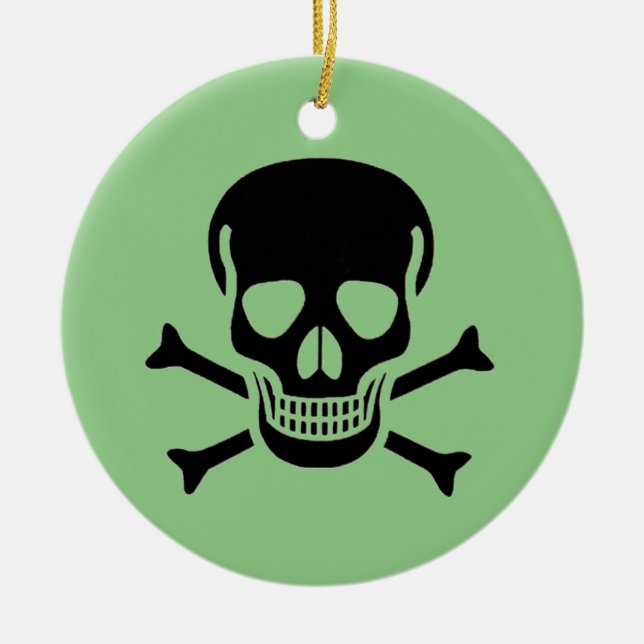 Black Skull green round ceramic ornament 2 sided (Front)