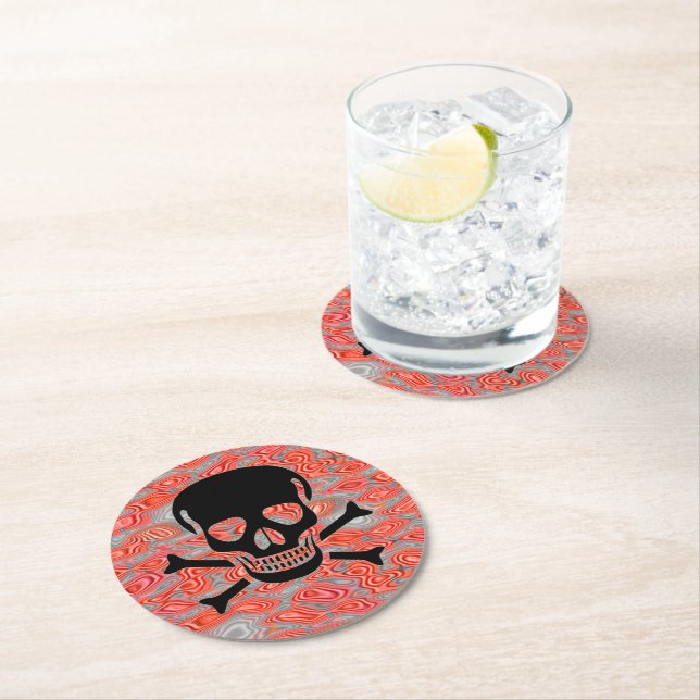 Black Skull Lava round paper drink coasters (Insitu)