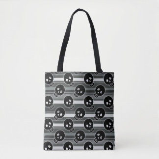 Black Skulls on Black White Stripe Pattern Tote Bag