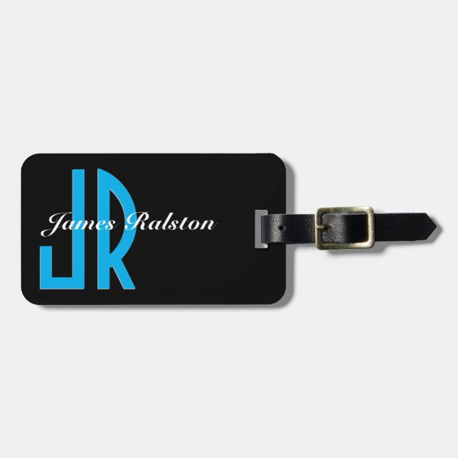 Black, Sky Blue Monogram, Personalise Luggage Tag (Front Horizontal)